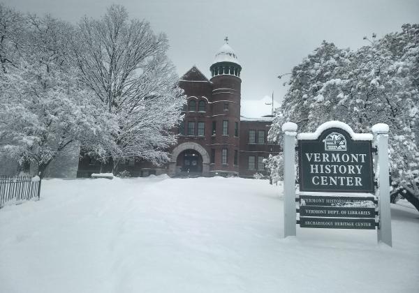 Front of the Vermont History Center on a snowy Vermont day 